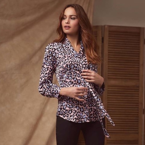 “HAWES & CURTIS” Fitted Satin Leopard Neck Tie Bow Blouse - Picture 1 of 16